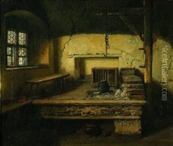 Feuerstelle In Einer Bauernkuche. Oil Painting - Adolf Eberle