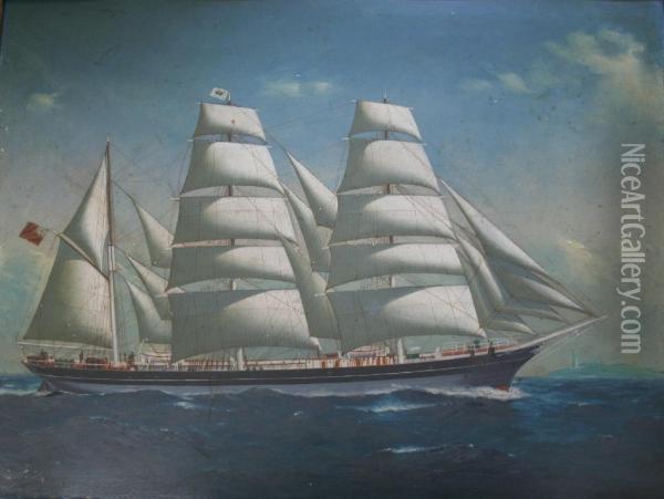 The Barque Alliance Under Full Sail Off A Lighthouse Oil Painting - Godfrey