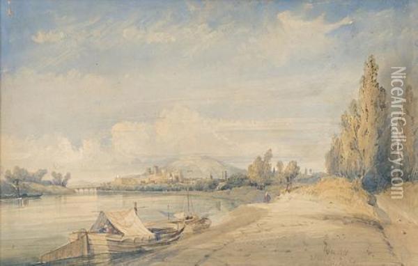 Flusspartie Mit Booten Vor Befestigter Stadt. Oil Painting - William Wyld