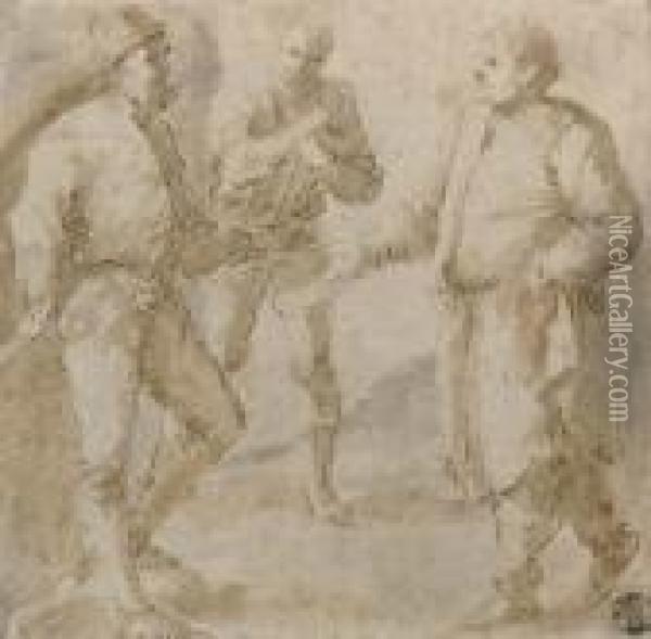 Three Men In Conversation Oil Painting - Salvator Rosa
