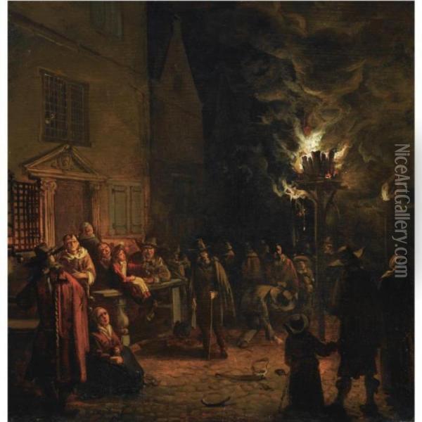 A Nocturnal Village Scene On The
 Oude Delft, With Numerous Figures Gathered Around A Burning Tar-barrel Oil Painting - Egbert van der Poel