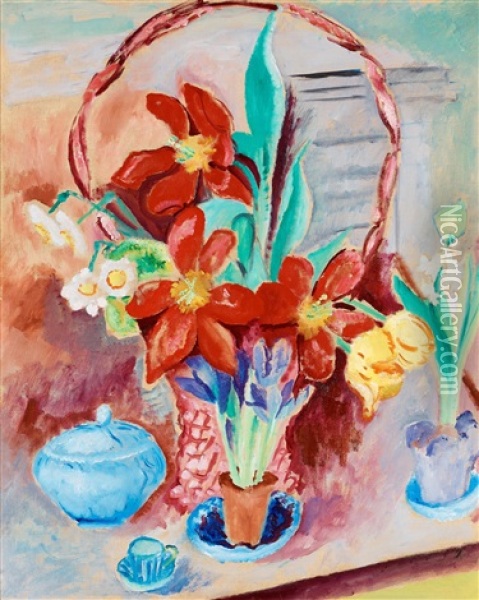 Tulpaner I Blomsterkorg (tupips In Flower Basket) Oil Painting - Sigrid (Maria) Hjerten