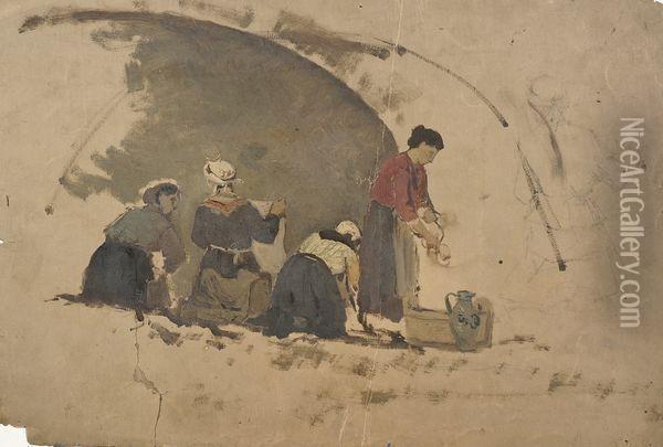 Lavandieres Au Pied Du Pont. Oil Painting - Edmond Marie Petitjean