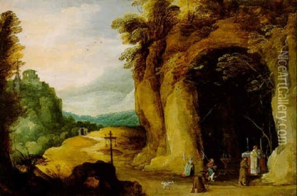 A Mountainous Landscape With Pilgrims At A Chapel Oil Painting - Joos de Momper the Younger