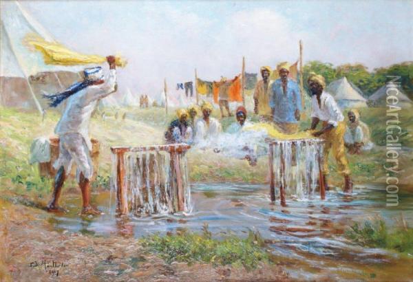 La Lessive Des Soldats Sikhs Dans Lecamp Britannique De Rouen Pendant La Grande Guerre Oil Painting - Francois Richard De Montholon