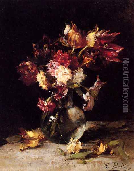 Still Life Of Tulips And Carnations In A Vase Oil Painting - Hubert Bellis