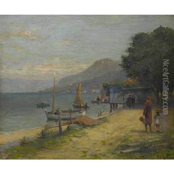 Sommerliche Uferpartie Mit Spazierenden Oil Painting - Eugene-Louis L'Huillier