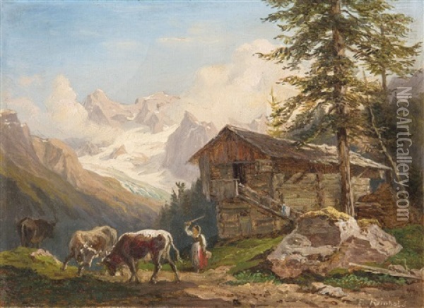 Almhutte Mit Sennerin Und Kuhen Oil Painting - Franz Reinhold