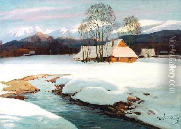 Pejzaz Zimowy Z Chata Oil Painting - Michal Stanko