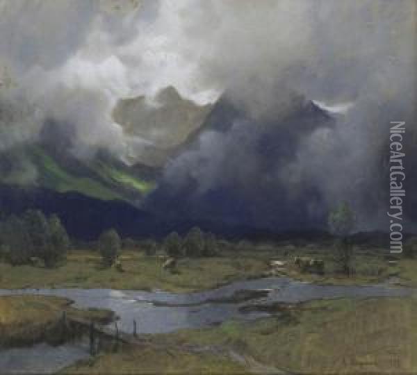 Hochmoor In Wolkenverhangener Gebirgslandschaft Oil Painting - Albert Stagura