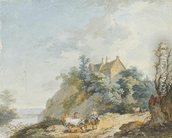 Paysans Avec Un Troupeau De Vaches Sur Un Chemin Oil Painting - Johann Gottlieb Hackert
