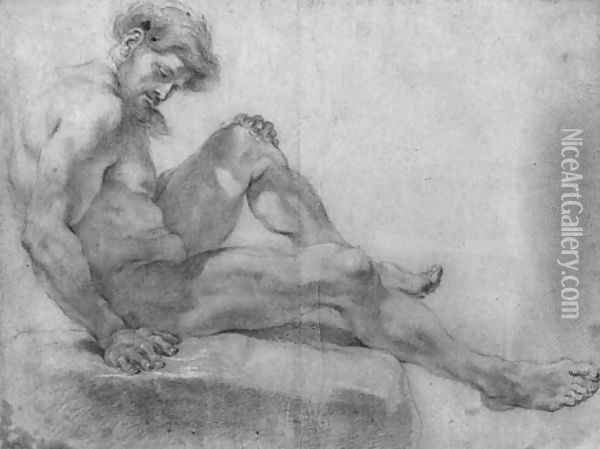 A bearded nude seated on a rock in profile to the right Oil Painting - Giovanni Battista (Baciccio) Gaulli