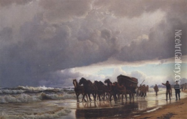 Redningsbaden Kjores Til Strandingsstedet. Motiv Fra Jyllands Vestkyst Oil Painting - Christian Blache