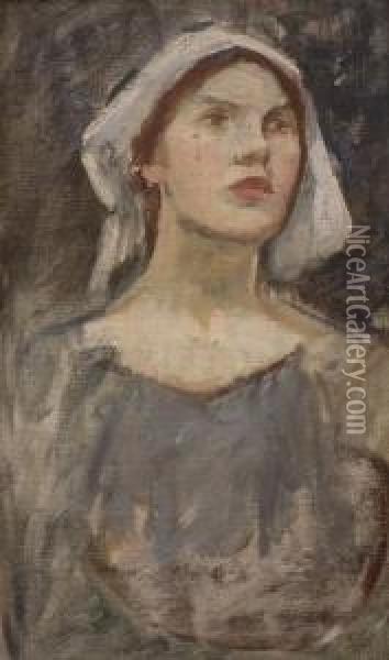 Portrait Of A Womanwearing A Blue Dress And A White Bonnet Oil Painting - John William Waterhouse
