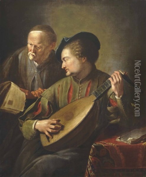 Two Men Playing The Lute And Singing Beside A Table In An Interior Oil Painting - Jacques des Rousseaux