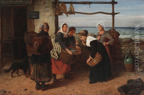 Breton Coastal View With Fish Merchants Oil Painting - Eugene Francois De Block