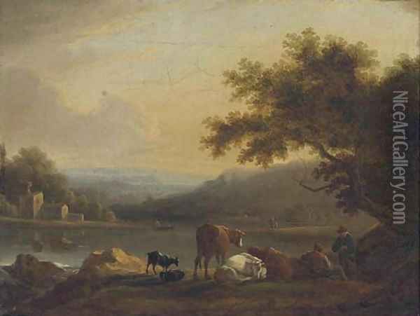 Figures and cattle on a river bank at evening Oil Painting - Frederick William Hulme