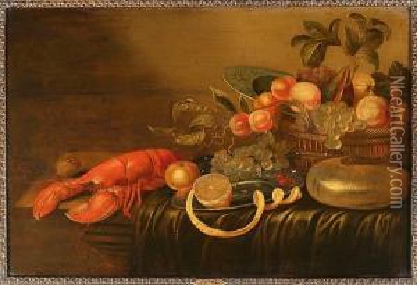 A Lobster, A Walnut, An Orange, A
 Peeled Lemon On A Pewter Plate, Cherries, White Grapes With A Basket Of
 Fruit, A Porcelain Dish And A Nautilus Shell On A Partially Draped 
Table Oil Painting - Cornelis Mahu
