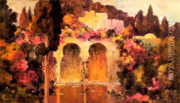 Villa Mauresque Dans Un Jardin Fleuri, Alger Oil Painting - Eugene F. A. Deshayes