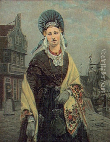Kvinna I Hollandsk Hamnmiljo Oil Painting - Otto Eerelman