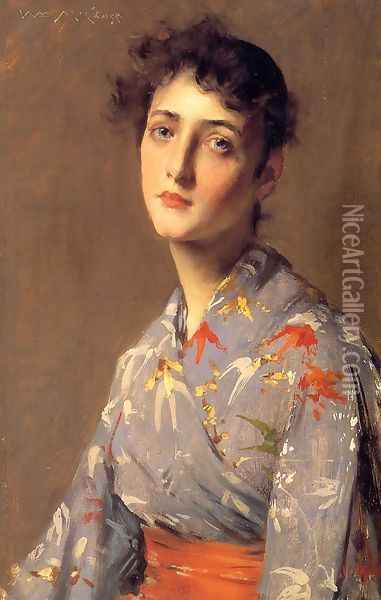 Girl In A Japanese Kimono Oil Painting - William Merritt Chase