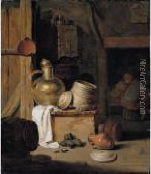 A Barn Interior With A Still 
Life Of Various Pots, Barrels, And Baskets With A Cat, Boors Seated 
Beyond Oil Painting - Hendrick Maertensz. Sorch (see Sorgh)