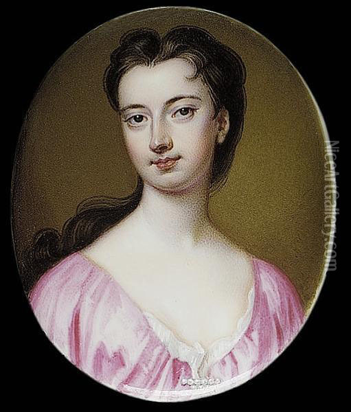 A Lady, Wearing Pink Dress With 
White Underslip And Pearl Bar Brooch At Her Corsage, Her Dark Hair 
Falling Over Her Right Shoulder Oil Painting - Charles Boit