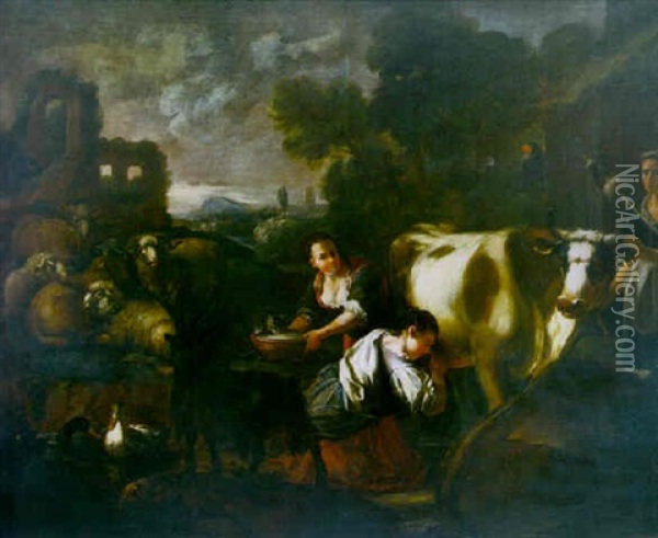 Bergeres Et Leur Troupeau Oil Painting - Domenico Brandi