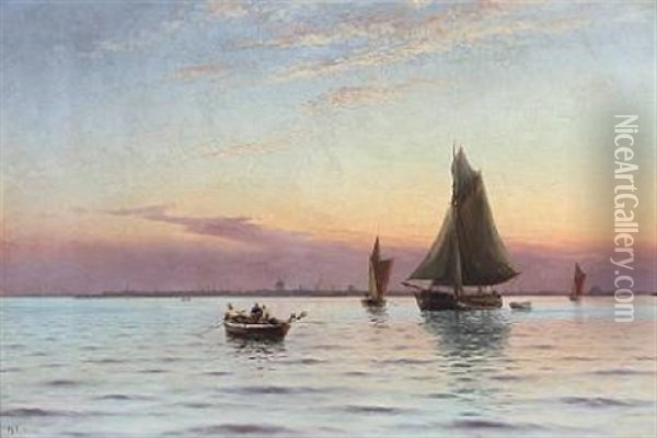 Sailing Boats With Copenhagen In The Background Oil Painting - Holger Luebbers