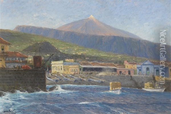 Blick Vom Meer Aus Auf Pozo De Martianez, Puerto Orotava, Tenerife Oil Painting - Hans (Johannes) Bohrdt