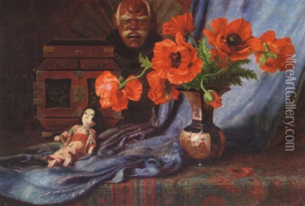 Blomsterstilleben Med Vallmo Och Japansk Docka Oil Painting - Edward van Ryswyck