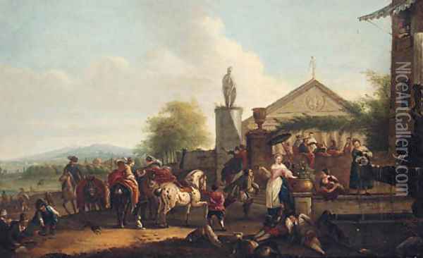 A hunting party halting by a fountain outside a villa Oil Painting - Carel Van Falens Or Valen