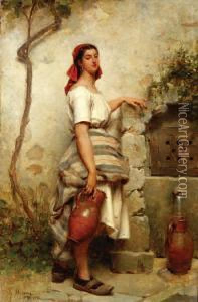 Young Woman With Jugs Near A Well Oil Painting - Charles Moreau