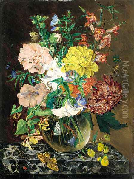 Still life of chrysanthemums, narcissi, honeysuckle, sweetpeas, and convulvulus in a glass vase, with a butterfly and a ladybird, on a marble ledge Oil Painting - Emily Stannard