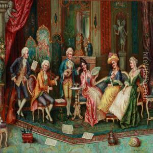 Rococo Interior With Elegant People Playing Music Oil Painting - Franz Von Persoglia