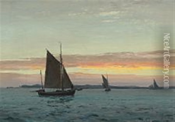 Seascape With Sailing Ships At Sunset Oil Painting - Christian Benjamin Olsen