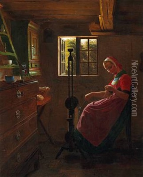 Peasant Interior With A Young Woman At The Spinning Wheel, Zealand Oil Painting - Johann Julius Exner