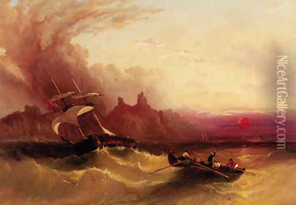 Shipping off the coast in choppy seas at sunset Oil Painting - Henry Redmore