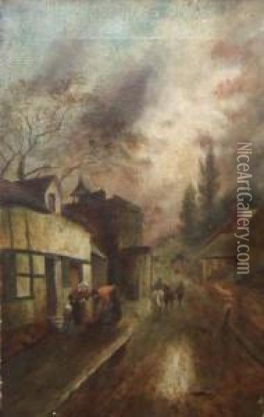 Village Scene With Figures And Horses In A Road Oil Painting - James Walter Gozzard