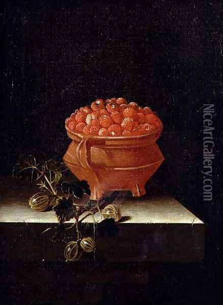 Strawberries and Gooseberries on a stone ledge Oil Painting - Adriaen Coorte