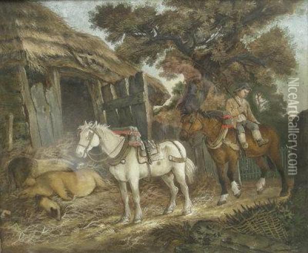 Working Horses Outside A Pigsty Oil Painting - Benjamin Zobel