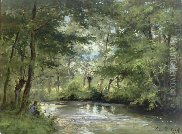 An Angler By A Forest Stream Oil Painting - Cesar De Cock