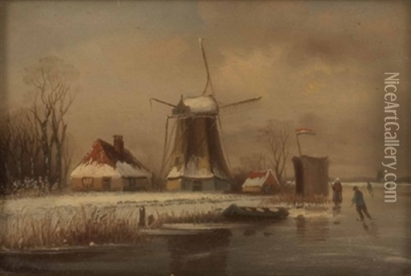 Winterlandschaft Mit Muhlen Und Eislaufern Oil Painting - Heinrich Hermanns
