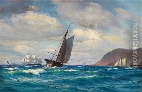 Seascape With Sailing Ships In High Waves Oil Painting - Vilhelm Karl Ferdinand Arnesen