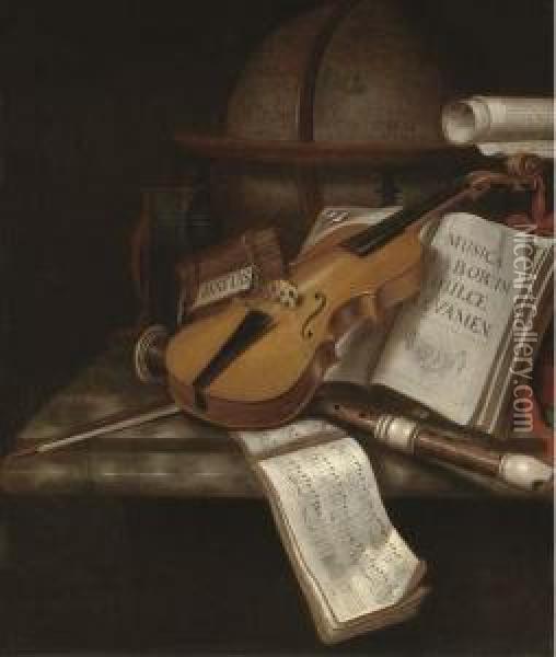 A Vanitas Still Life With A 
Violin, A Recorder, Books, A Scroll Andmusic With A Globe On A Marble 
Ledge Oil Painting - Edwart Collier