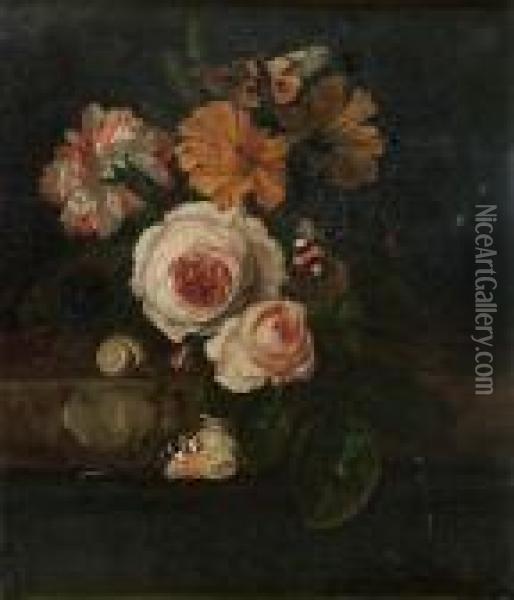 Bouquet De Fleurs Sur Un Entablement De Marbre Avec Des Papillons Et Un Escargot Oil Painting - Ernst Stuven