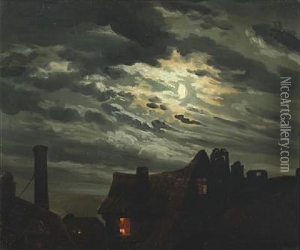 Rooftops In The Moonlight Oil Painting - Hermann de Boor