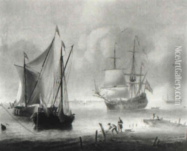 A Two-decked Man O'war Anchored Off The Dutch Coast Oil Painting - John Wilson Carmichael