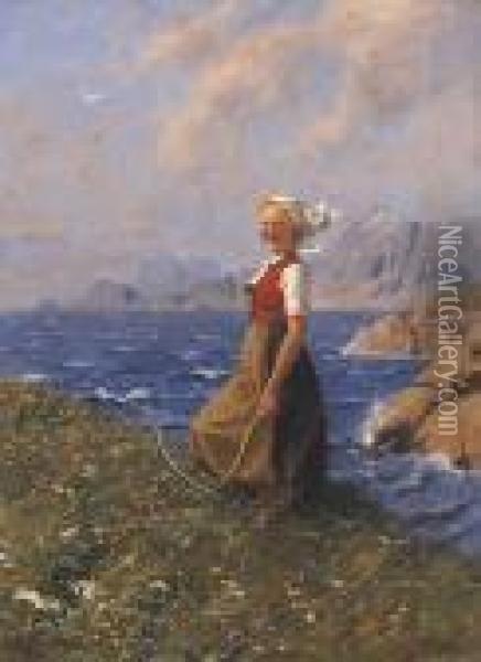 Madchen Mit Sense Vor Einem Norwegischen Fjord Oil Painting - Hans Dahl