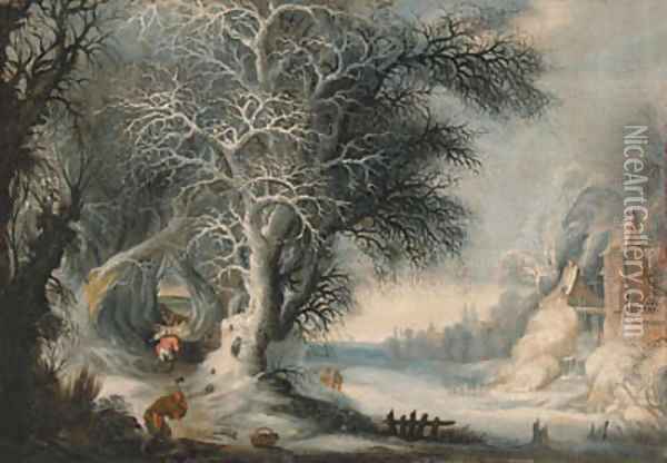 Woodcutters in a winter landscape, a town beyond Oil Painting - Gijsbrecht Leytens